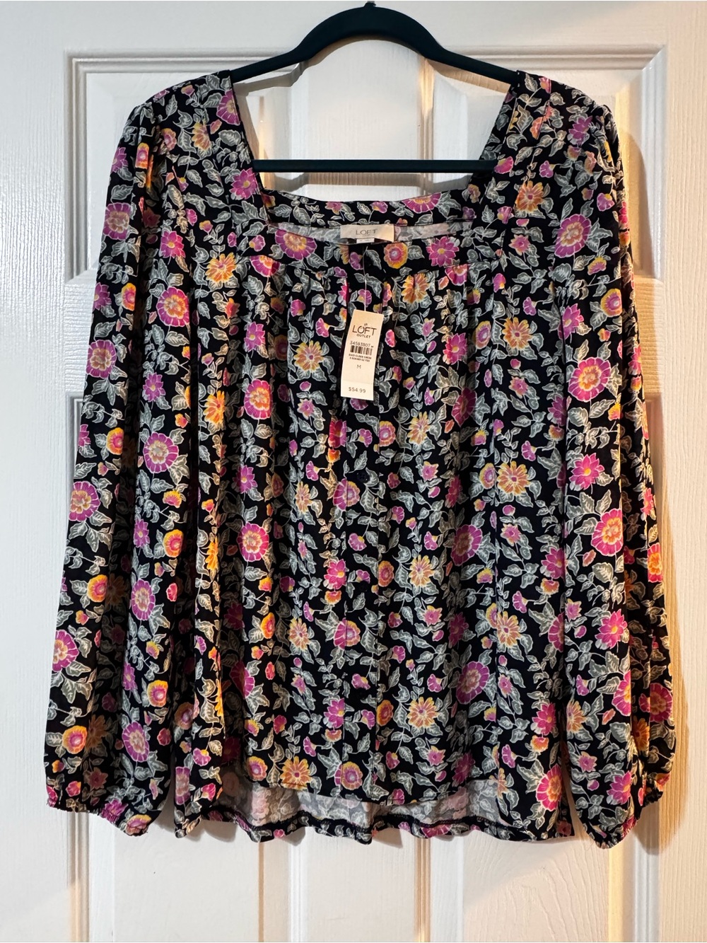 LOFT Black Floral Peasant Blouse with Pink & Yellow Flowers